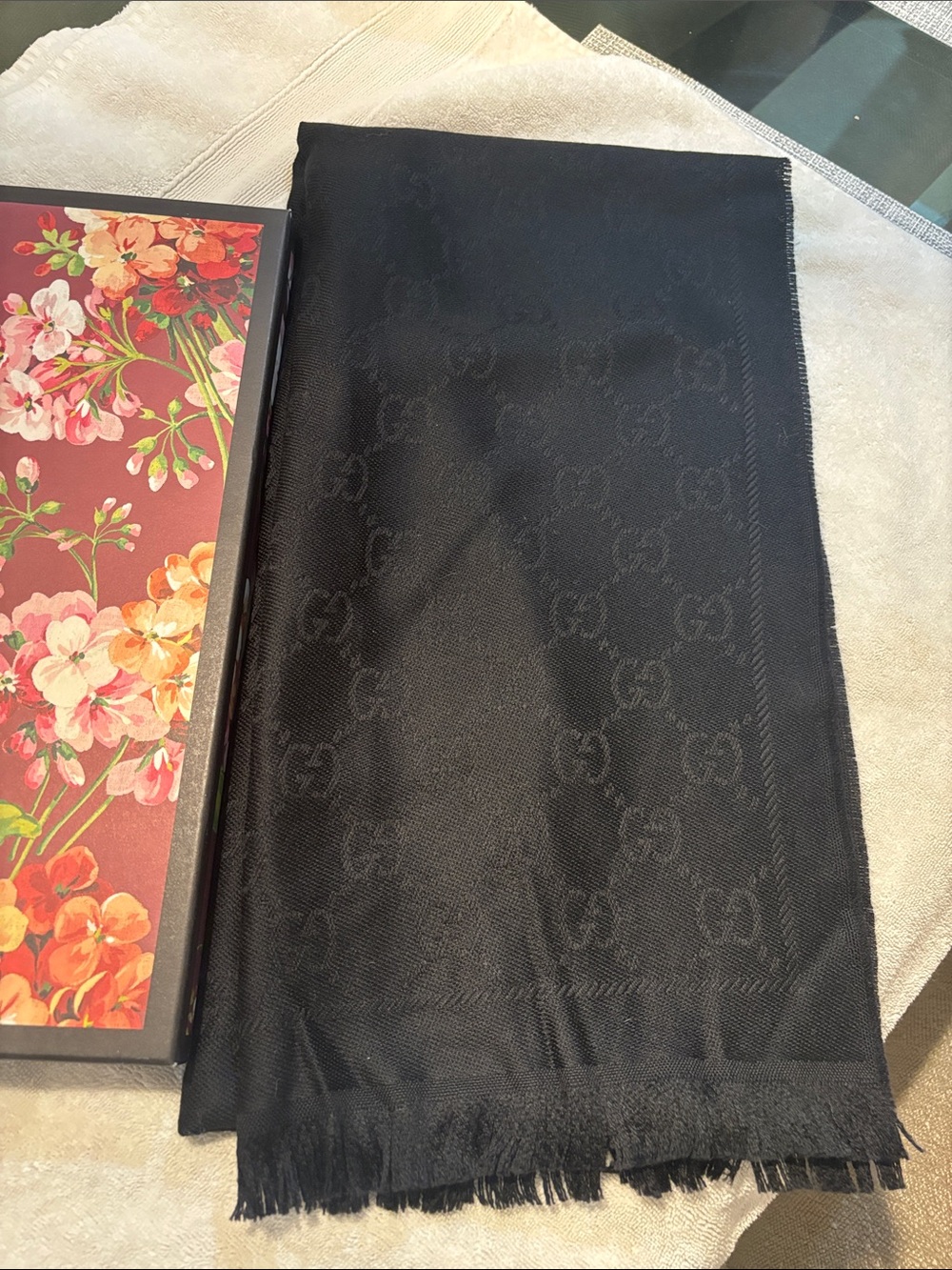 Gucci Black Monogram Silk-Wool Blend Logo Scarf
